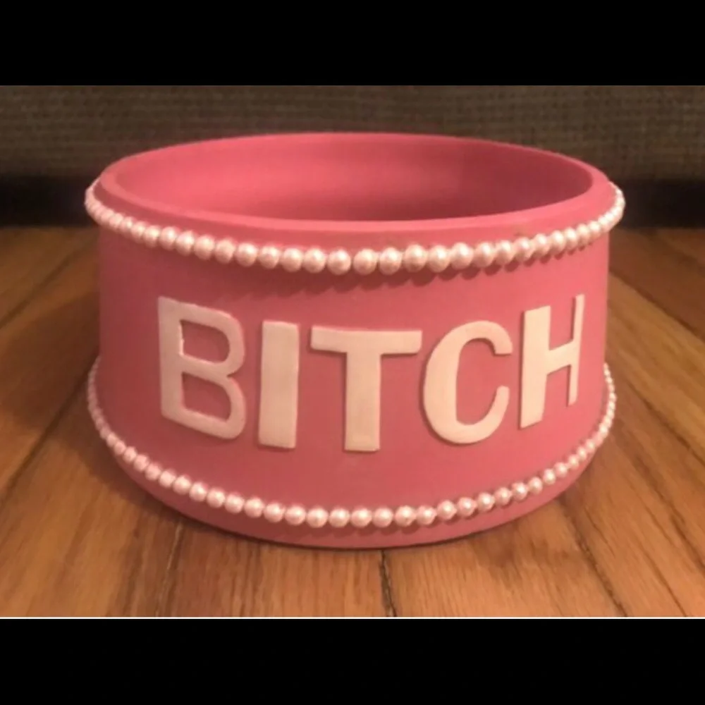 B*tch Fashionable Dog Bowl Pink Pearl-Lined Large Poly-Resin Water Feeder Holder
